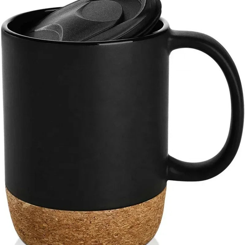 Simplicity Ceramic Cork Bottom Coffee Mug with Lid Splash Proof Heat-resistant Matte Plain White Black Cork Base Bottom Tea Cup