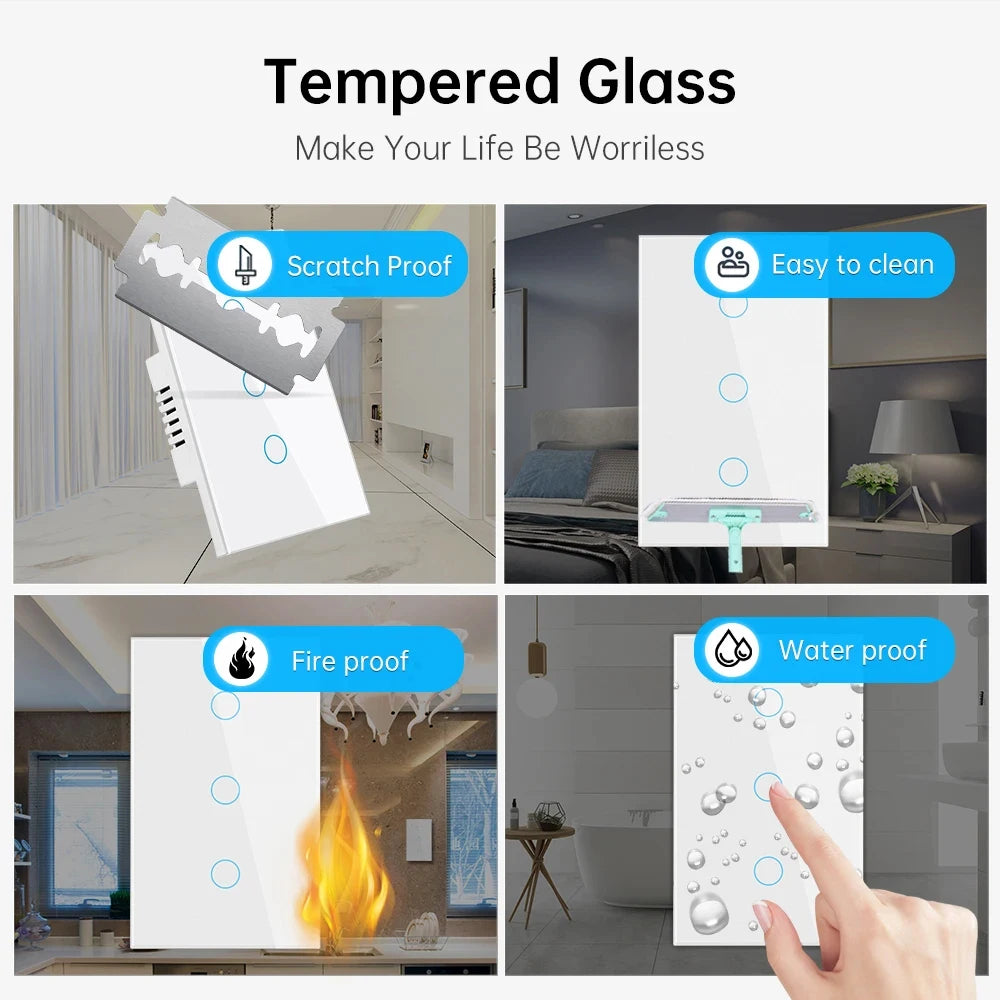 Dual Touch Switch 2Way Light LED Sensor Wall Switches With Tempered Glass Panel Bedroom Stair Switch For US BR Country No Wifi