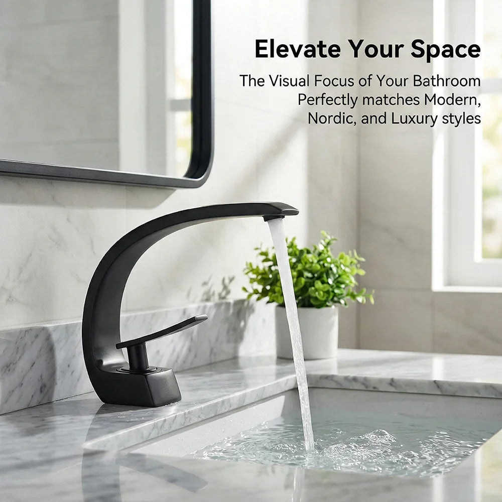 Matte Black Bathroom Faucet, Aluminum Alloy Modern C-Shaped Waterfall Spout Single Handle Basin Mixer Tap, Deck Mount Hot Cold W