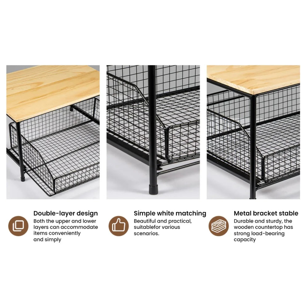 Double-Layer Kitchen Countertop Storage Rack Organizer with Drawers for Tableware Spices Coffee Condiments Space Saving