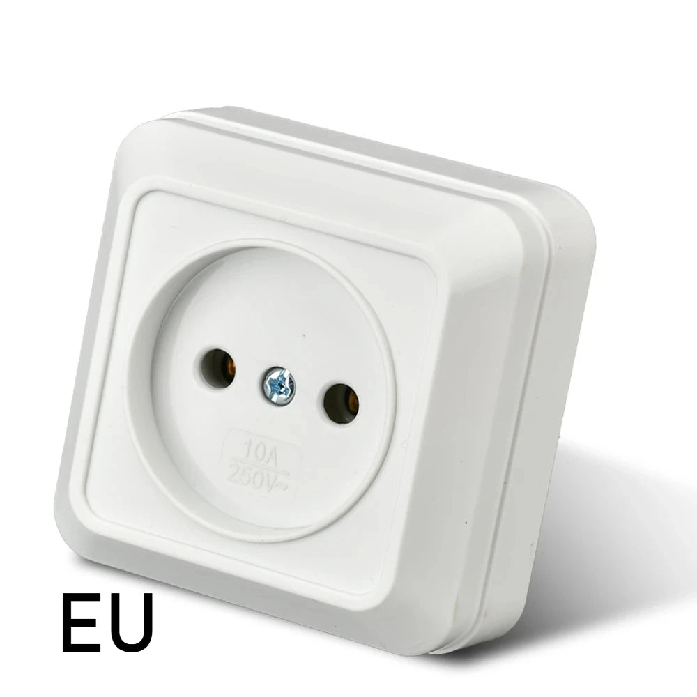 White Wall Mount Socket EU Standard Electrical Outlett Ground Vintage Surface Power Socket Plugs Flame Retardant Plastic
