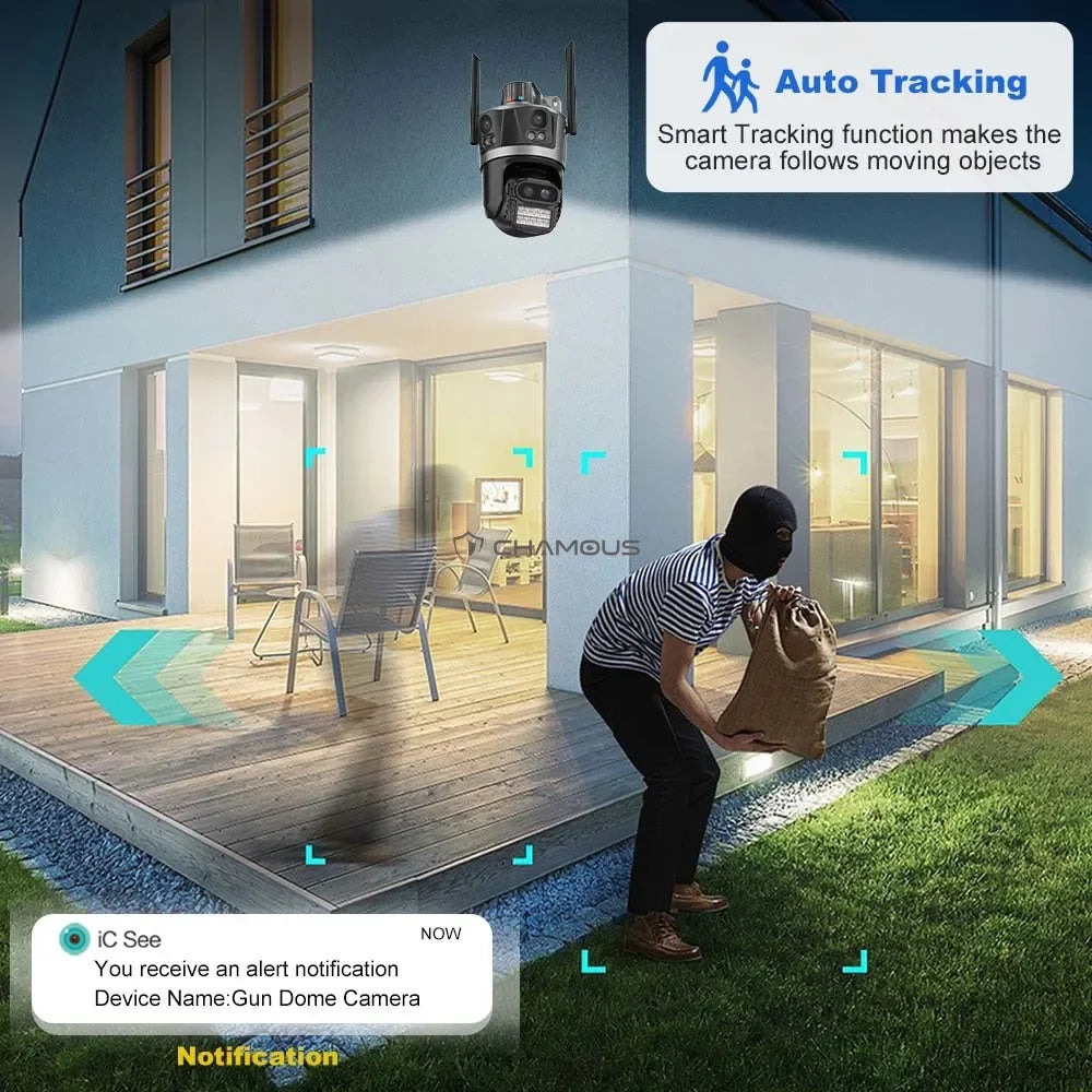 WiFi Surveillance Camera Four Lens Four Screen 8K 16MP IP Camera 8X Optical Zoom Auto Tracking CCTV Alexa ICsee New Security Cam