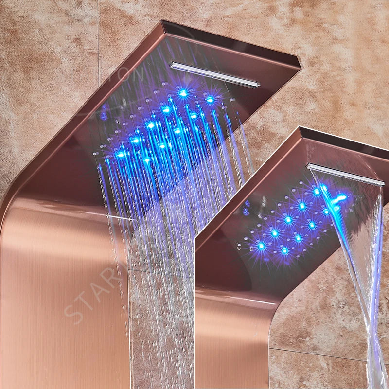 LED Light Bathroom Shower Panel Intelligent LCD Shower Column System with 6 Modes Rain Waterfall Massage Jet Bath Mixer Tap