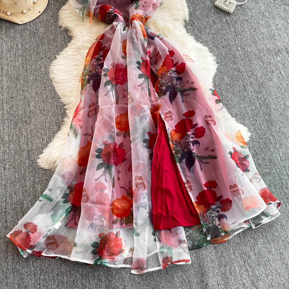 Spring Floral Series Holiday Dr Women's Summer High Waist Slim Fit Sexy Strapl Midi Length Belted Gown Korean Sle