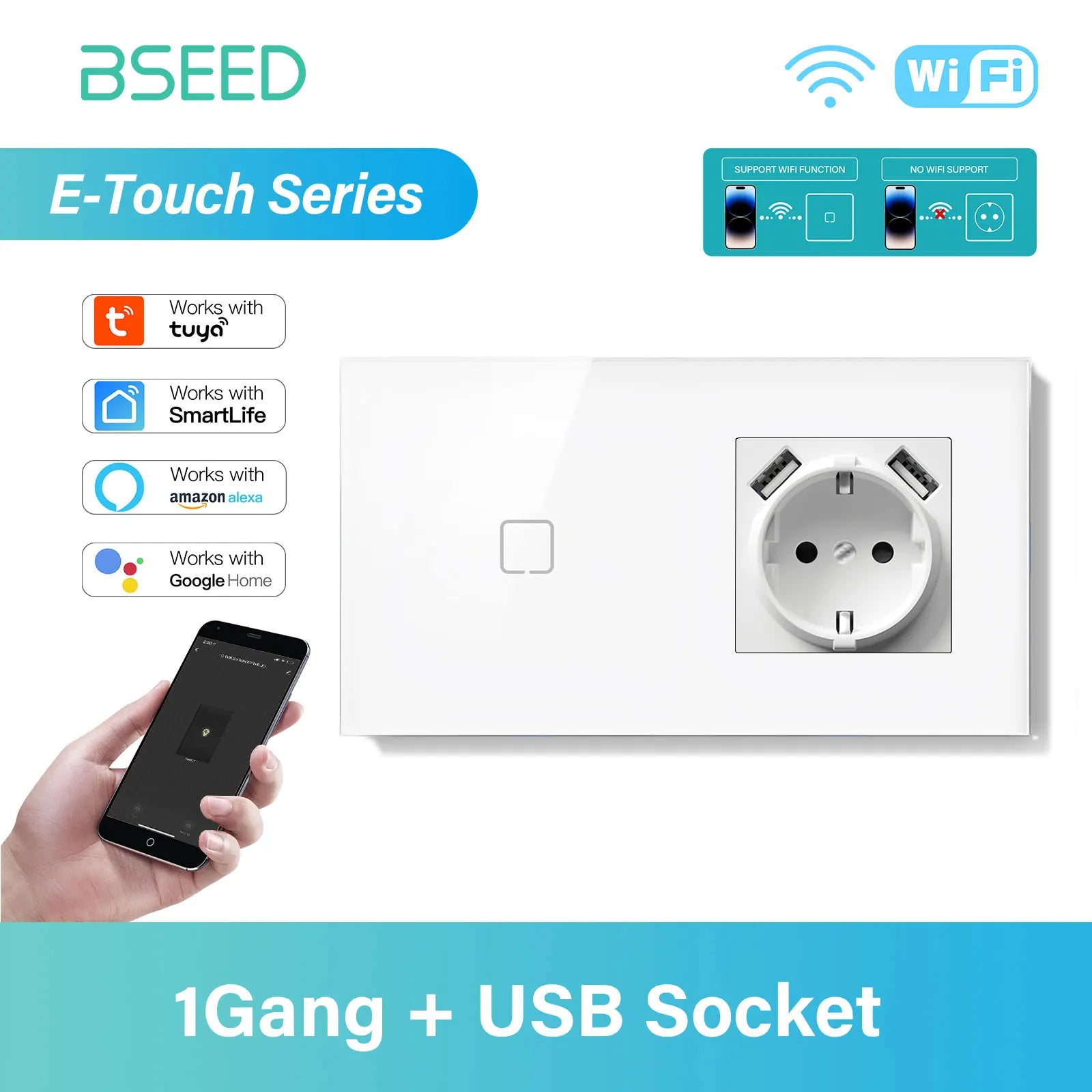 BSEED 1/2/3/4Gang WIFI Touch Switch Glass Panel Smart Wall Light Switch Touch Screen Phone Fast Charge USB C Socket E Series