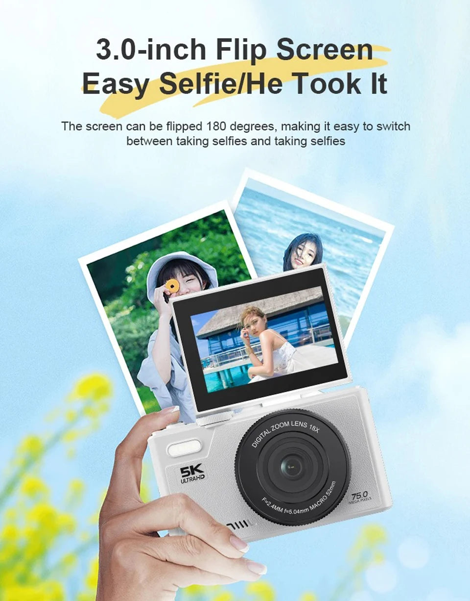 HD 5K Portable Digital Camera 75MP Flip Screen For VLOG Girls Kid Adult Beginners Selfie Camcorder Photography Digital Camera