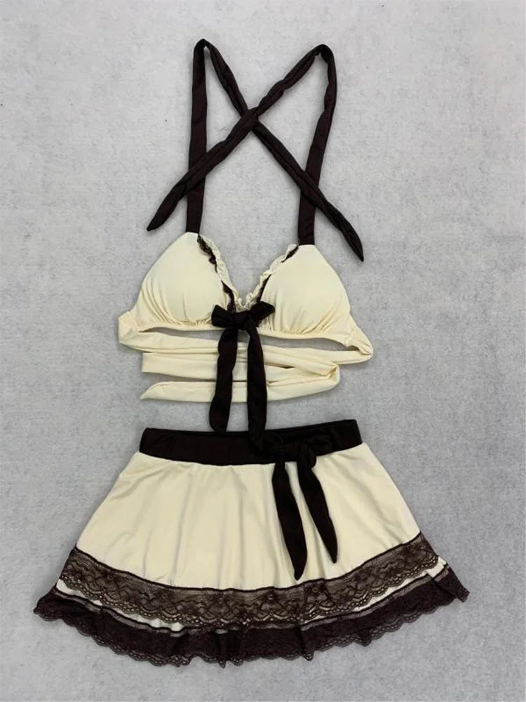 Summer Beige Lace Trim Bow Halter Skirted Bikini Set Beach Pool Vacation Cute Sweet Slim Y2K New Trendy Women's Swimsuit