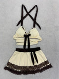 Summer Beige Lace Trim Bow Halter Skirted Bikini Set Beach Pool Vacation Cute Sweet Slim Y2K New Trendy Women's Swimsuit