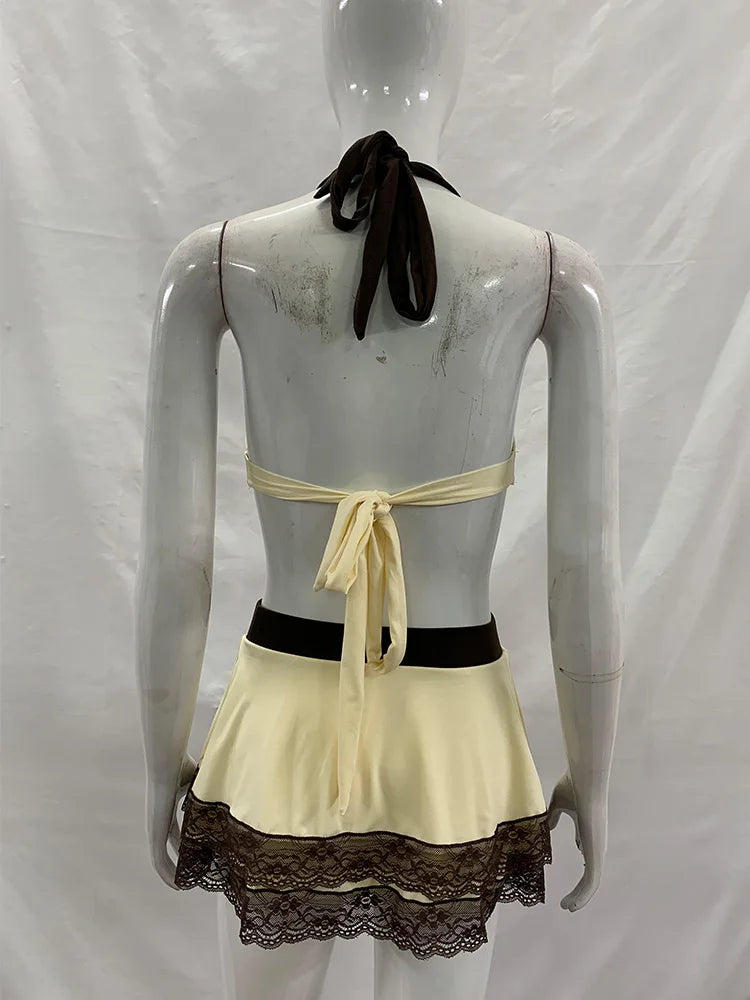 Summer Beige Lace Trim Bow Halter Skirted Bikini Set Beach Pool Vacation Cute Sweet Slim Y2K New Trendy Women's Swimsuit