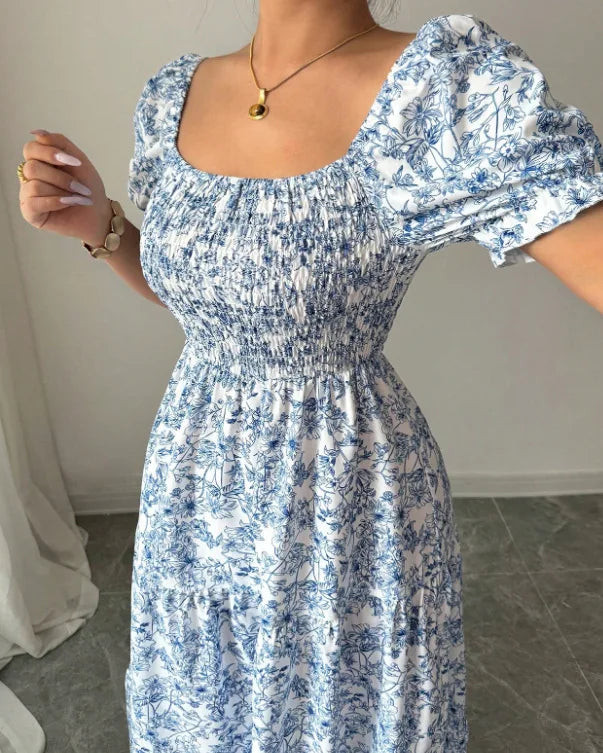Spring and Autumn Women's Square Neck Short Sleeve Long Skirt Fresh Printed Casual Fashion Slight Backless Temperament Dress