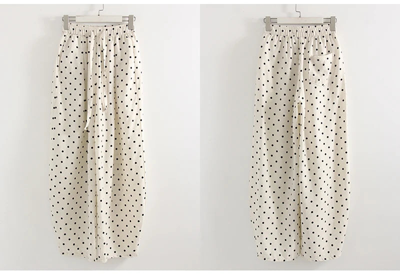 Polka Dot Cotton Linen Pants White Women Wide Leg Summer Spring Baggy Trousers For Woman High  Waist Linen Loose Pants Women