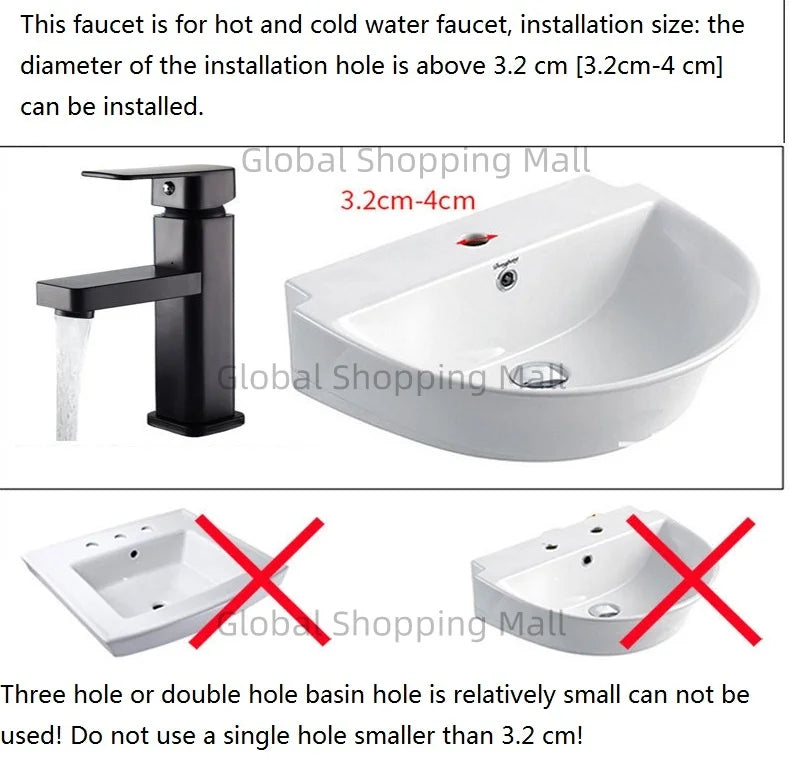 Bathroom Faucet Single Hole Single Handel Hot and Cold Water Mixer Tap Deck Mounted in Black and Chrome Square Basin TapBathroom