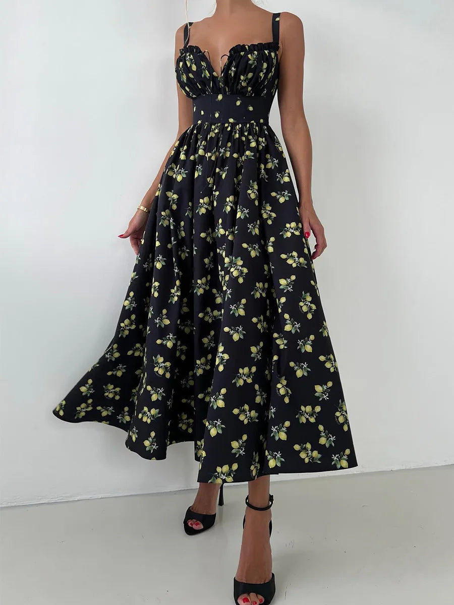 Bornladies 2025 Summer New Printing Cami Dress High Waist Slit Lemon Print Maxi Dress Vacation Long Dress For Women