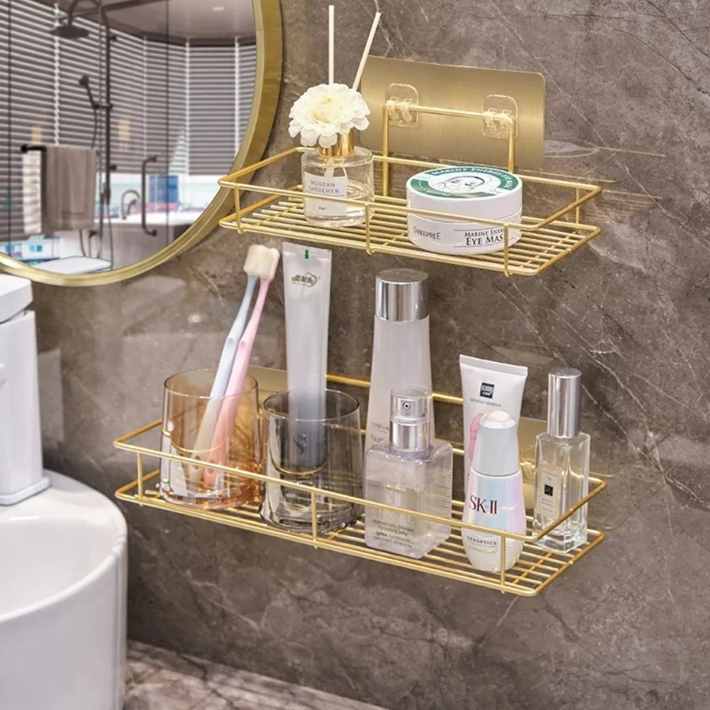 Wall Mounted Shelf No Drill Bathroom Storage Organizer Hanging Rack for Home Kitchen Metal Frame Shelves Bathroom Accessories