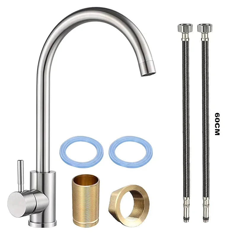 304 Stainless Steel Kitchen Faucet  Hot and Cold Water Mixer  360 degree rotation Basin installation Comes with 60cm hose