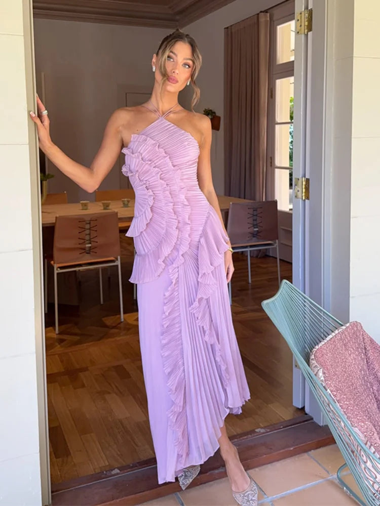 Bohemian Blue Pleated Halter Maxi Dress Women Gentle Sleeveless Asymmetric Ruffles Vestido Romantic Dinner Date Night Gowns 2026