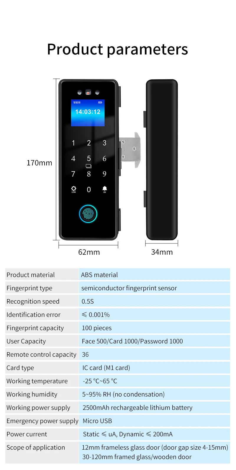 3D Face Tuya Wifi Electronic Smart Glass Door Lock With Biometric Fingerprint/RFID Card /Password Unlock/USB Emergency Charge