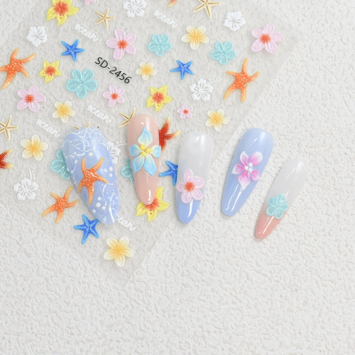 3 to 120 Sheets Tropical Flower Nail Stickers Hibiscus Butterfly Starfish Nail Decals 5D Embossed Self Adhesive Summer Nail Art