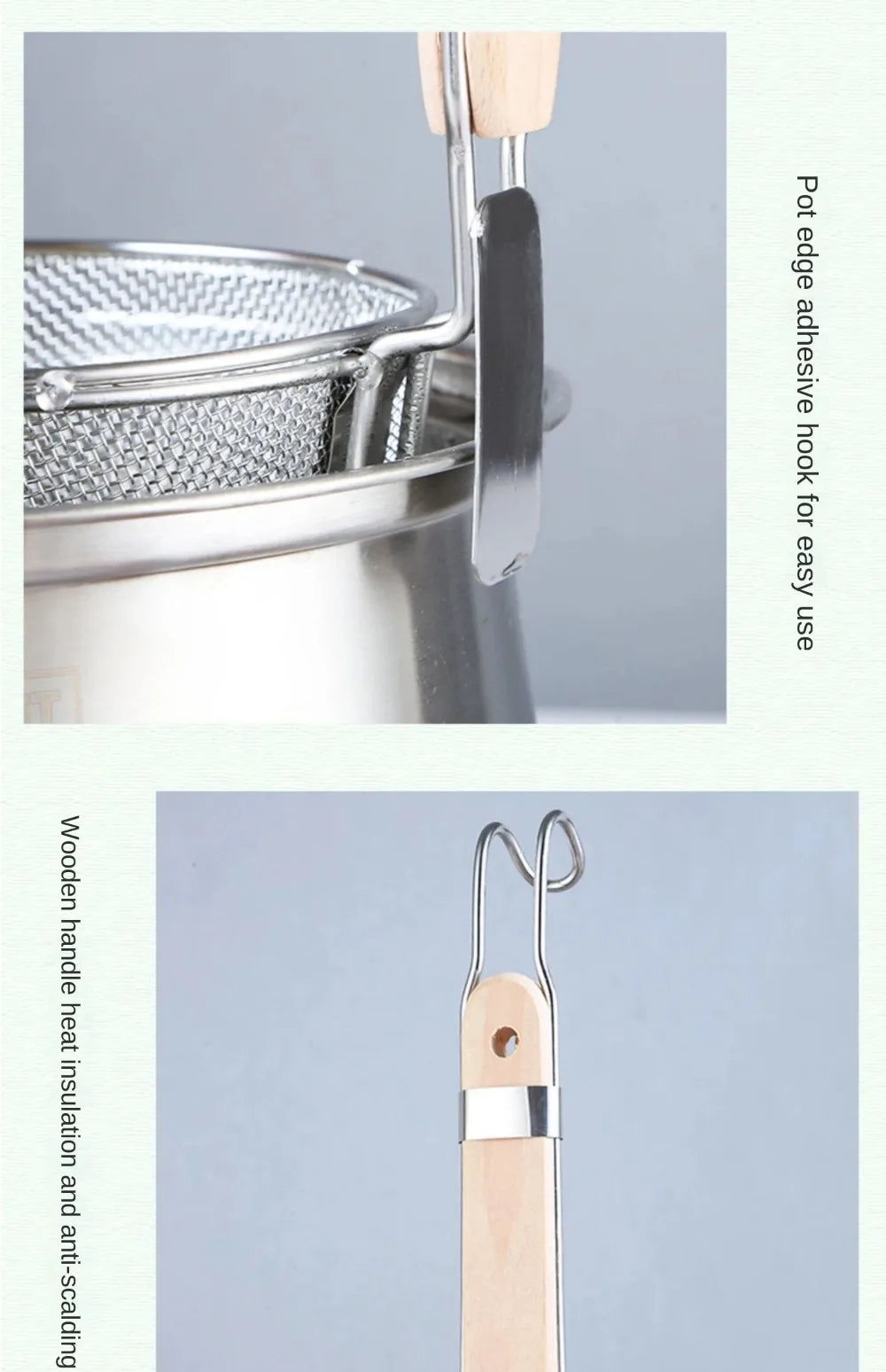 Durable Thickened Stainless Steel Funnel Wooden Handle Multifunctional Pasta Basket Strainer Kitchen Gadgets Deep Fry Basket
