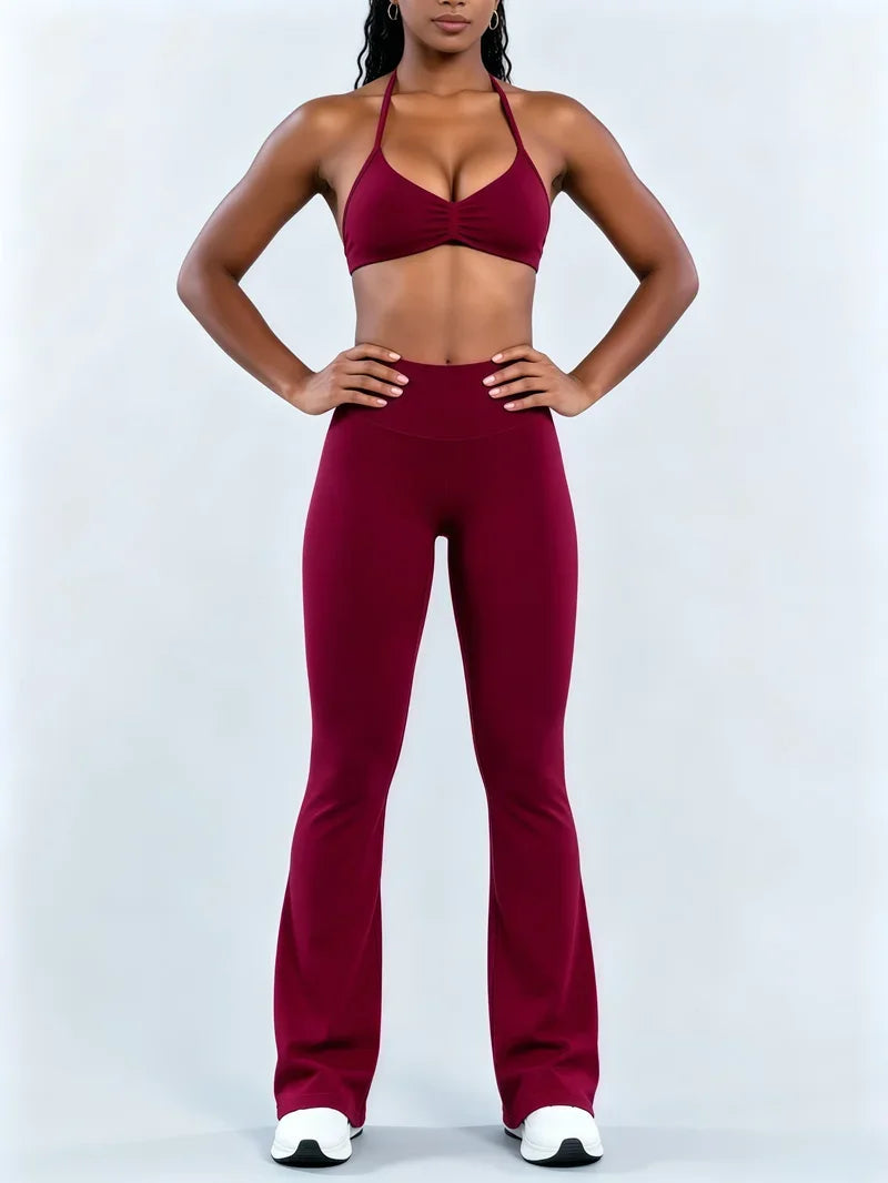 Sexy Women Flare Leggings Set Seamless Hip Lifting Fitness Flared Pants Suit Open Back Gym Strappy Bra Yoga Flares Legging Sets