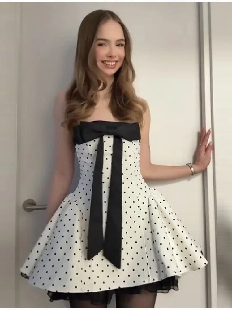 Women's Vintage Polka Dot Strapless Mini Dress Oversized Bow Fit And Flare Lace Hem Skirt 2026 Sweet Cool Party Date Club Outfit