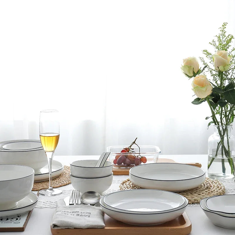 White With Black Dinner Plate Set Ceramic Serving Tray Food Dishes Rice Salad Noodles Bowl Soup Kitchen Dinnerware