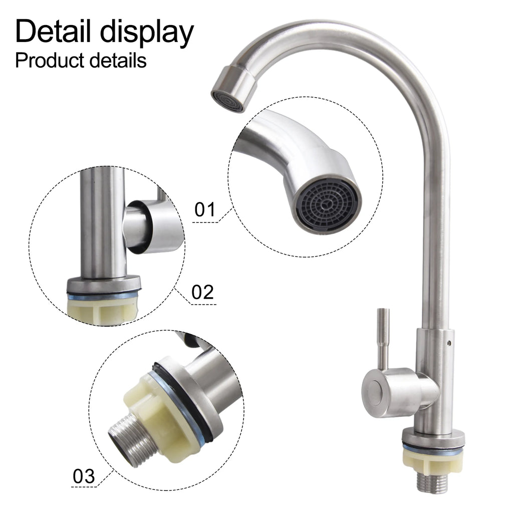 Kitchen Faucet Stainless Steel -=-Water Tap Single Cold Free Rotation Deck Mounted =-Single Lever Bathroom Kitchen Sink Faucet