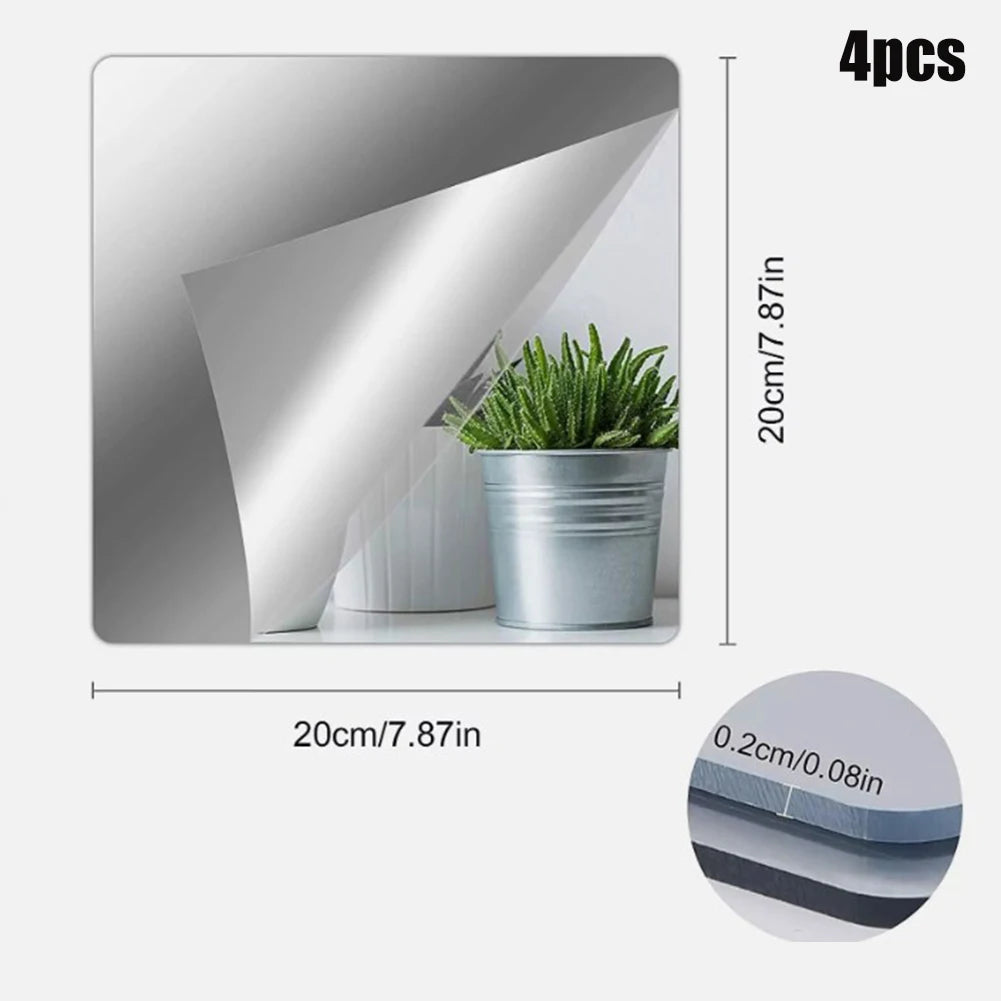 4PcsAcrylic Mirrors Set Self- Adhesive Mirror Tiles 2mm Thick Flexible Unbreakable Mirror Stickers Reflective Square Mirror Wall