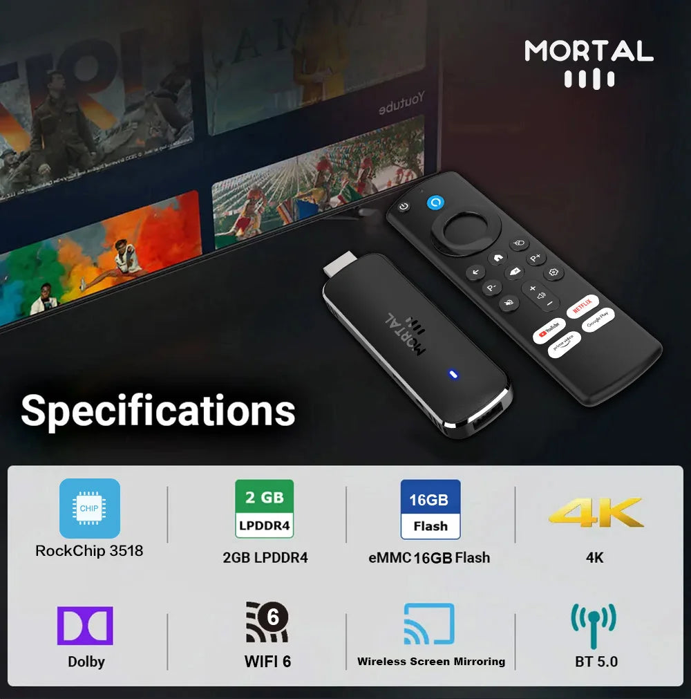 Mortal Q8 Android14 TV stick WIFI6 Voice Control TV stick  8K video RK3518 Netflix YouTube Tv box Free Live TV Streaming