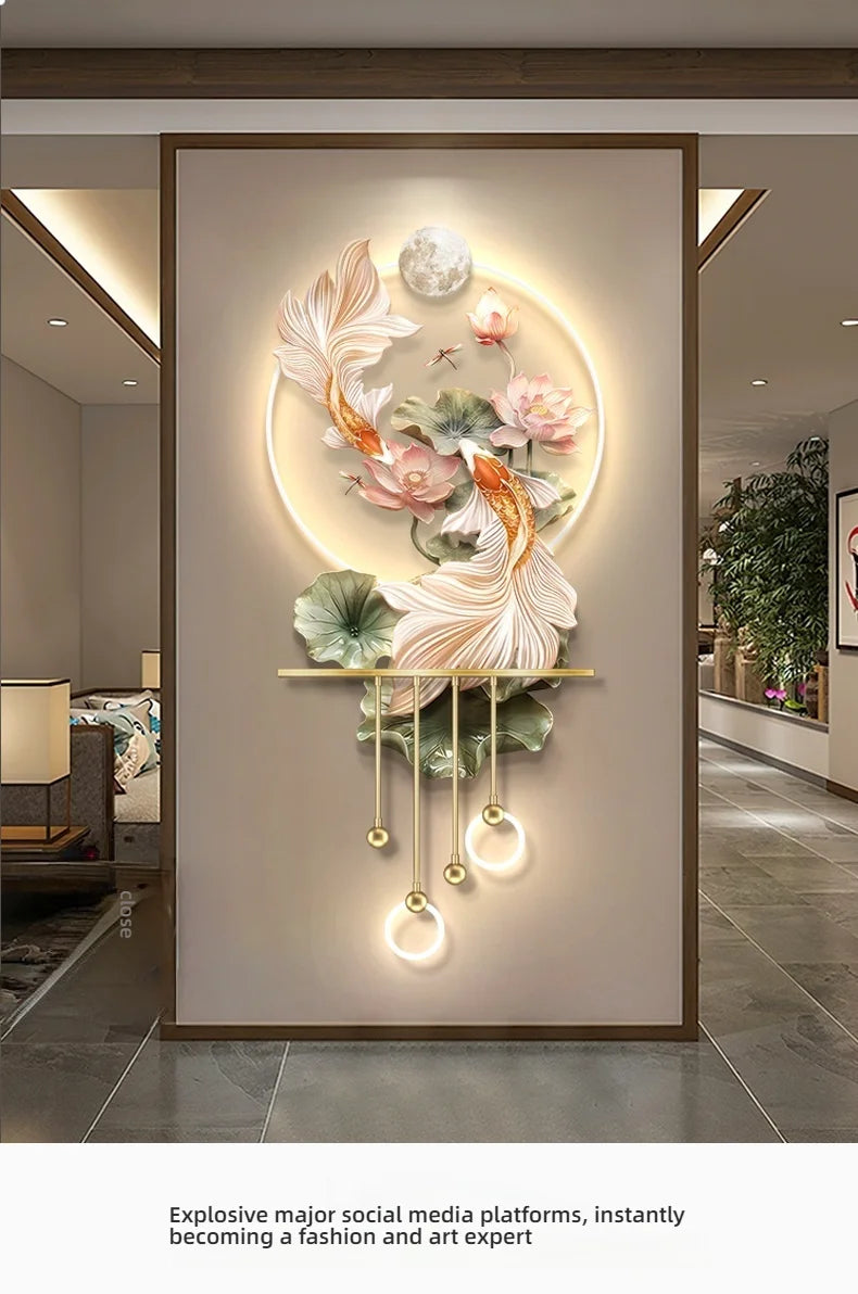 Modern Light Luxury Entrance LED Decorative Painting Koi Carp Home Decoration Living Room Bedroom Sofa Wall Corridor Mural Light