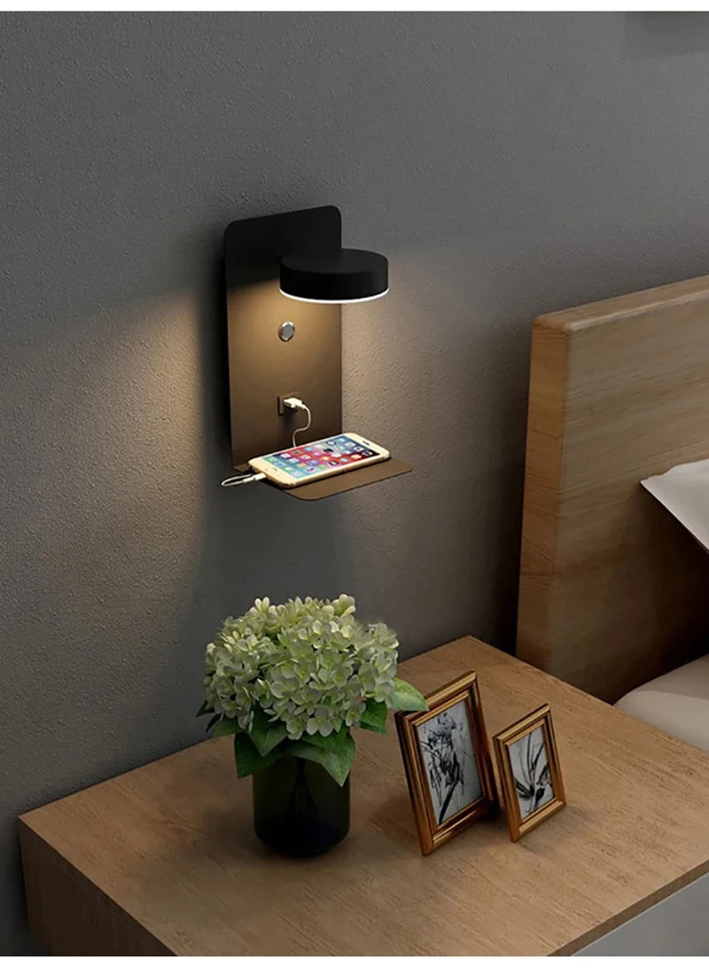 Modern LED Wall Lamp With Switch USB Charging Port 9W Black White Aisle Wall Lights Bedroom Bedside Wall Sconce Decoration Lamps