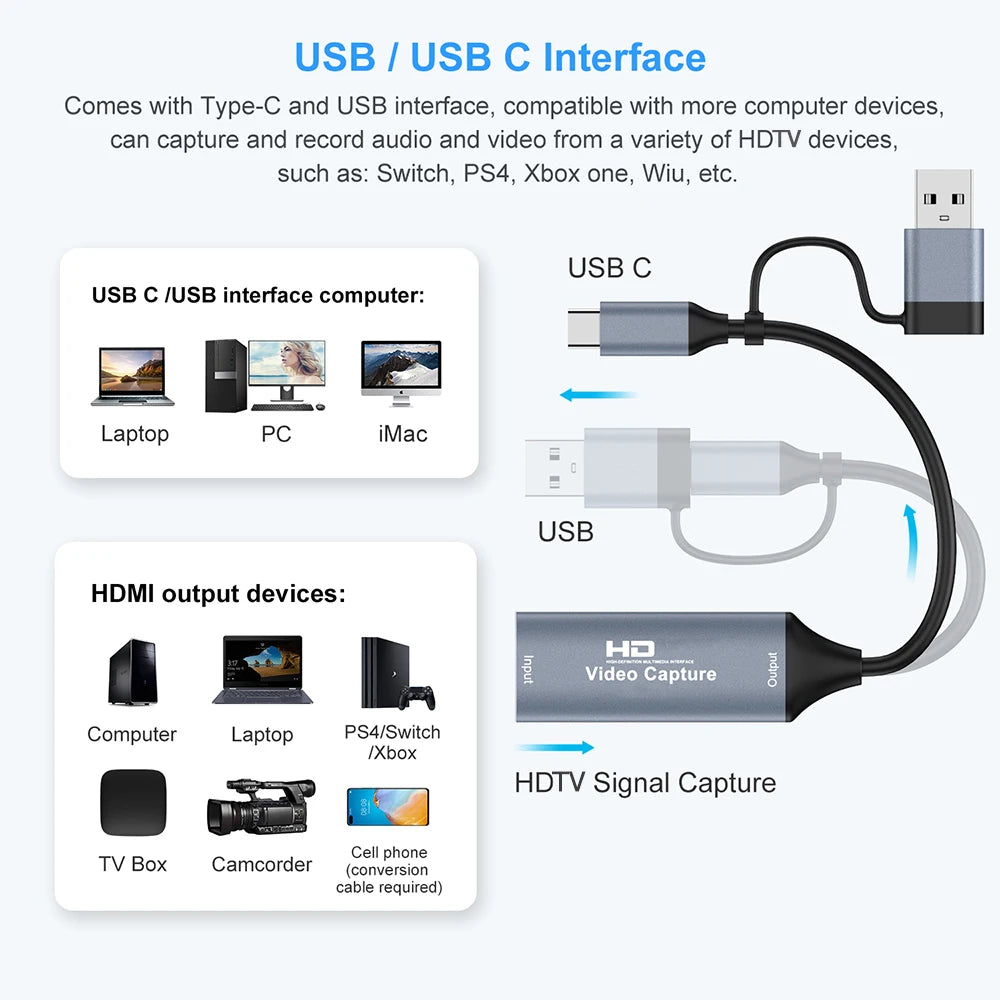1080P Capture Card 4K HDMI-compatible to USB-A/USB-C USB2.0 Capture Video Audio Recording for OBS Studio PotPlayer QT Player