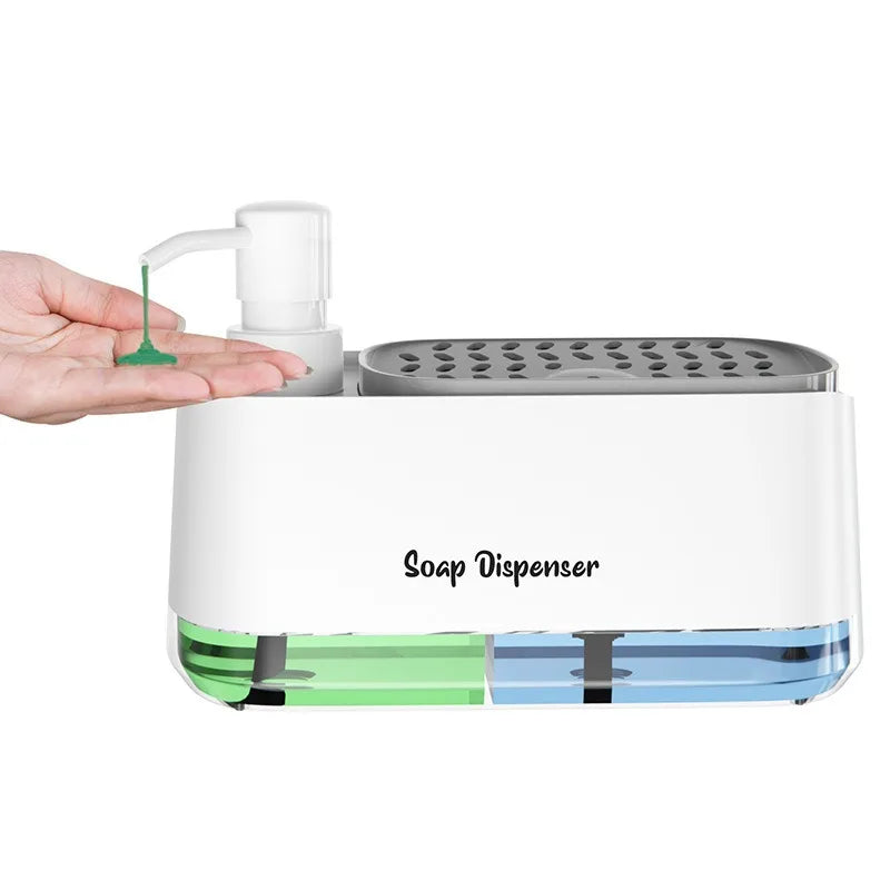 Kitchen Sink Organizer Set 3-in-1 Soap Dispenser with Dual Pump and Sponge Holder Space-Saving Cleaning Storage for Countertops