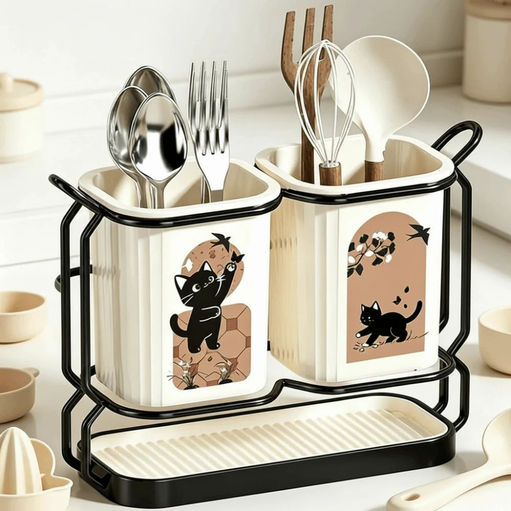 Cute Cat Kitchen Storage Basket Durable Standing Chopsticks Holder Organizer No-drill Tableware Drainer Kitchen