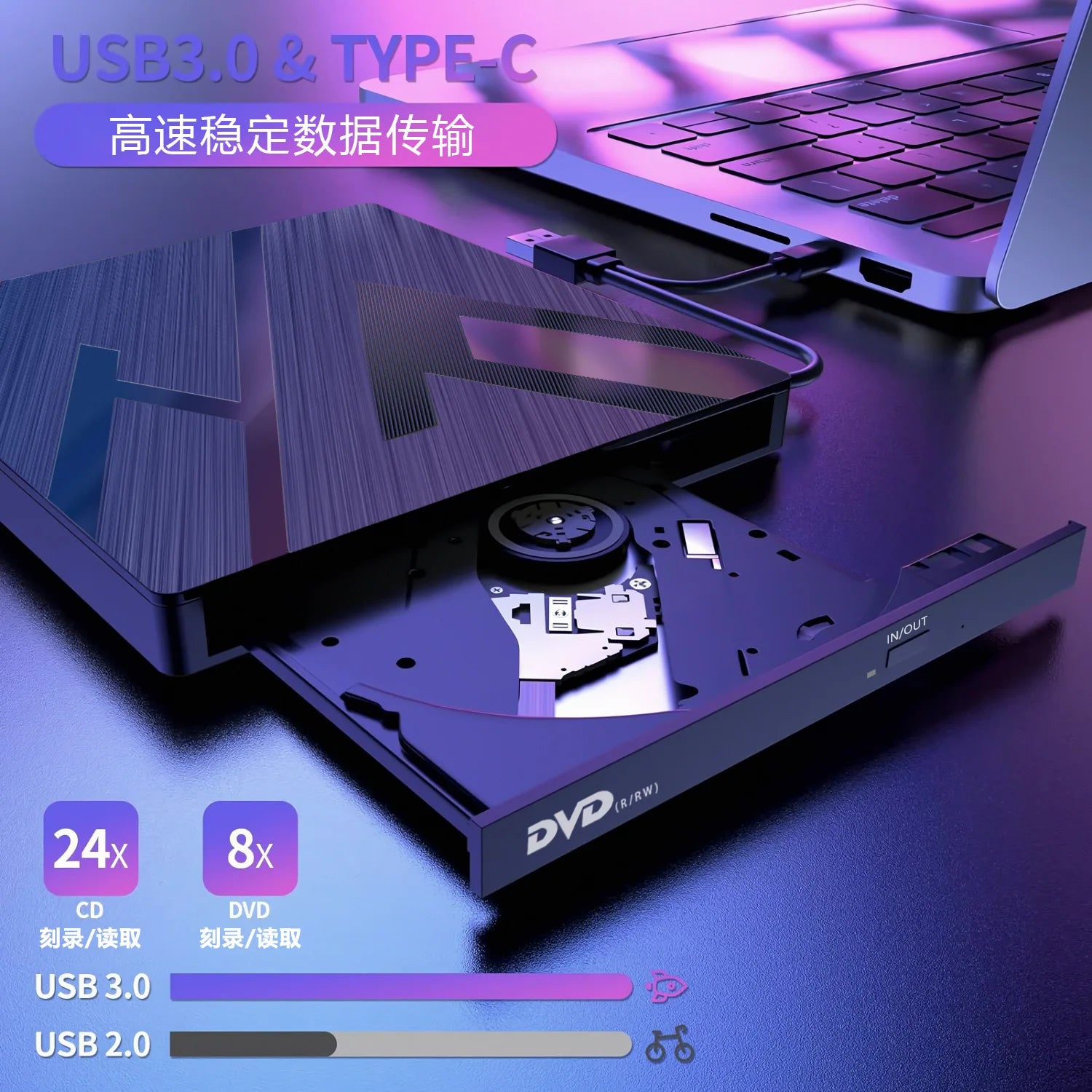 NEW USB3.0 Type-C External Bluray Optical Drive for Laptop PC Portable BD DVD CD -/+RW Player Burner Reader with SD/TF Card Slot