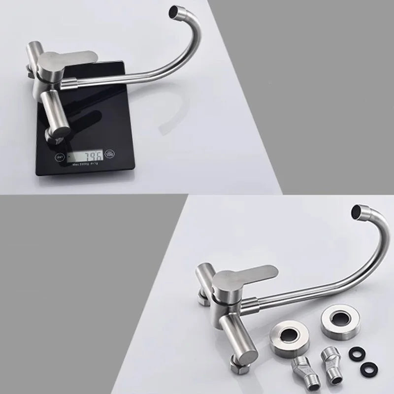Wall Mount Kitchen Sink Faucet 304 Stainless Steel 2 Modes Hot and Cold Mixer Taps Double Hole Rotating Kitchen Faucets Brushed