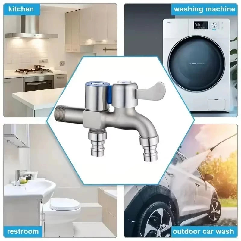 Stainless Steel Double Outlet Faucet Dual Control Water Tap 1/2 Inch Bidet Bathroom Accessory One in Two out Tap