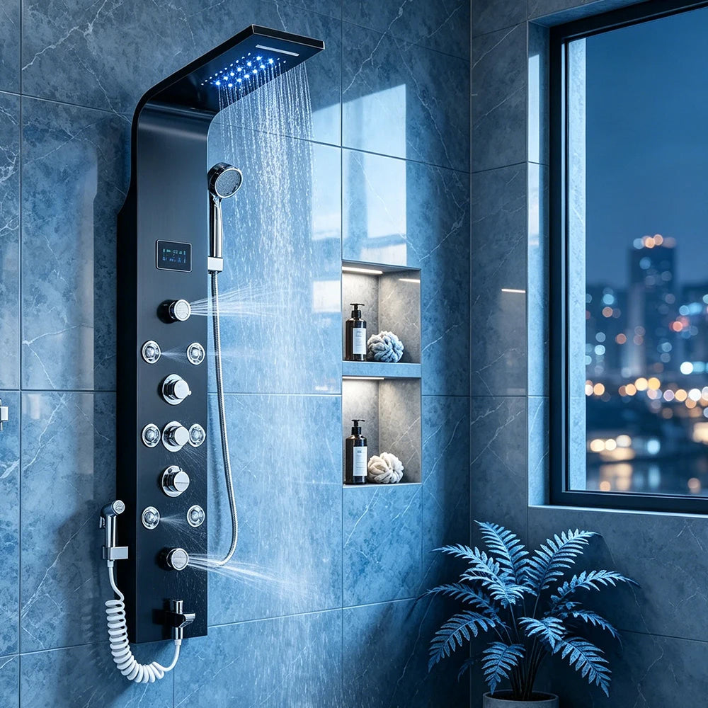 Black Nickel LED Shower Panel Six Functions Shower Column Rain Waterfall Shower Massage Spa Jets Tub Shower With Bidet Bath Taps