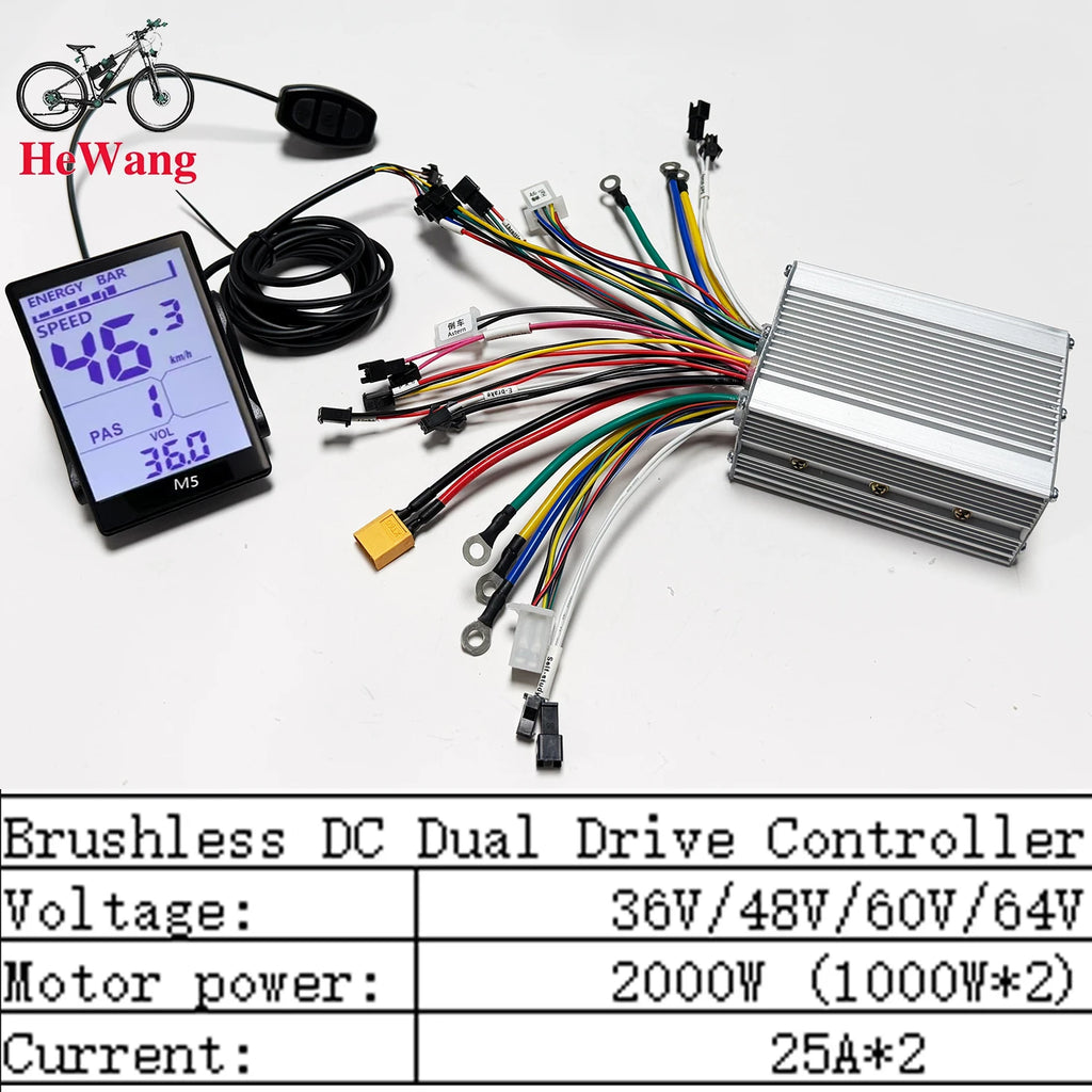 25A+25A Dual Drive 12MOSFET 36V/48V/64V 1000W (500W * 2) Brushless DC Electric Scooter Controller + M5 UART NO.2 LCD for 2 Motor