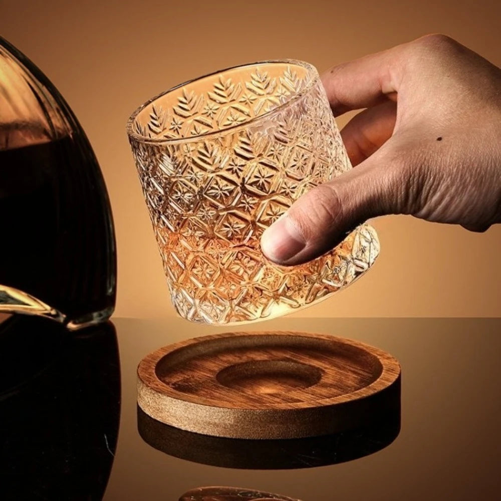 9 Oz Crystal Whiskey Tumbler Swivel Old Fashioned Glass with Round Wooden Coaster for Family Gatherings Cocktail Party Bar