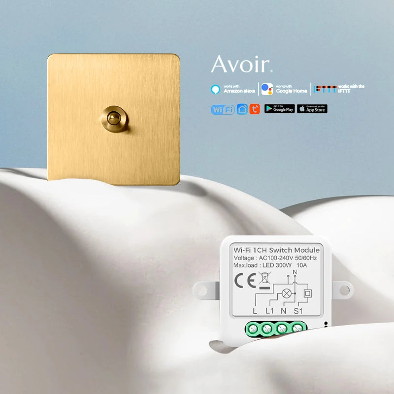 Avoir Tuya Smart Life Home Control Mini Wifi Module Wireless Gold Light Switches 1-4 Gang 2 Way Alexa Rocker Toggle Switch 220V