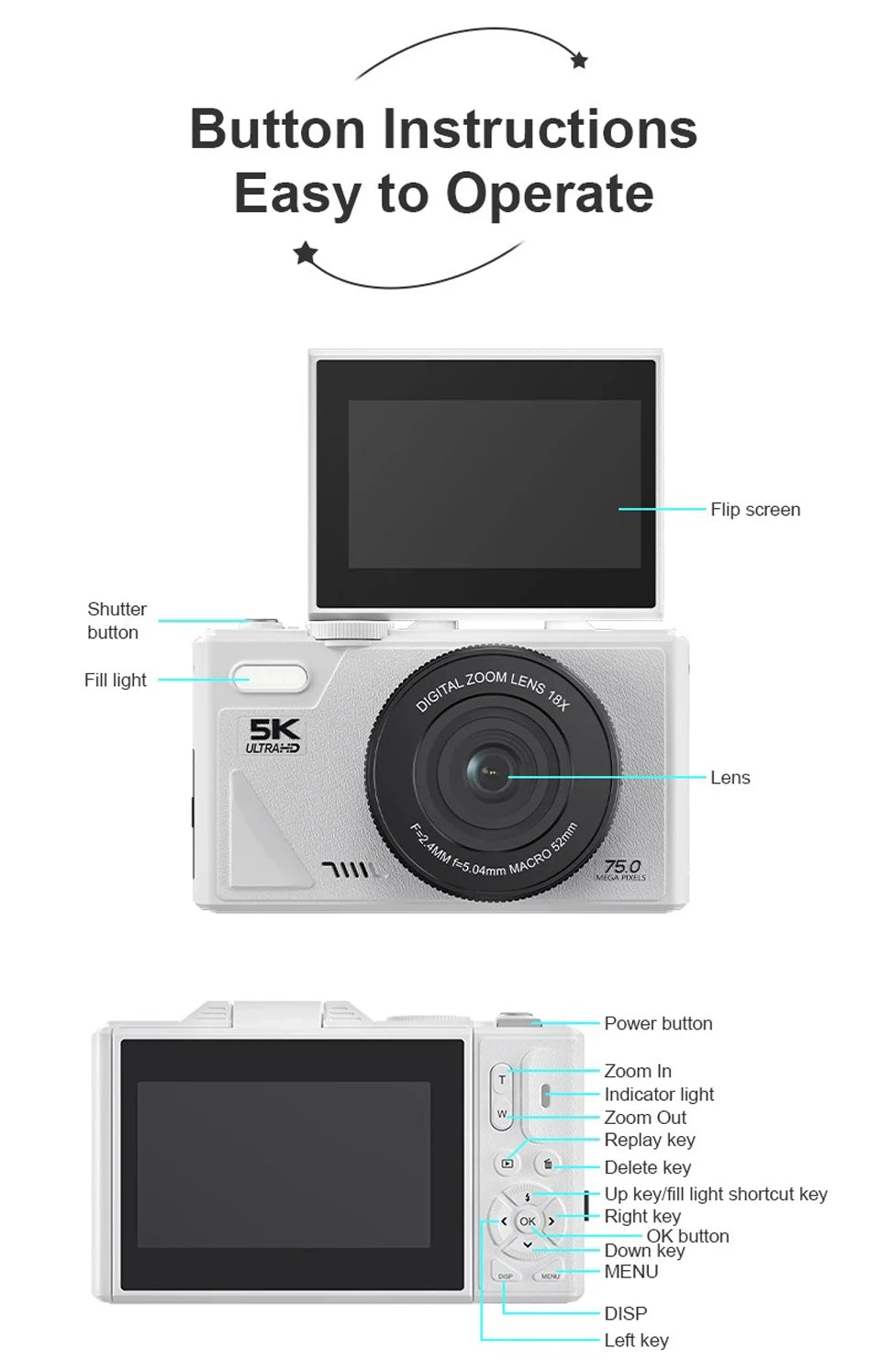 HD 5K Portable Digital Camera 75MP Flip Screen For VLOG Girls Kid Adult Beginners Selfie Camcorder Photography Digital Camera