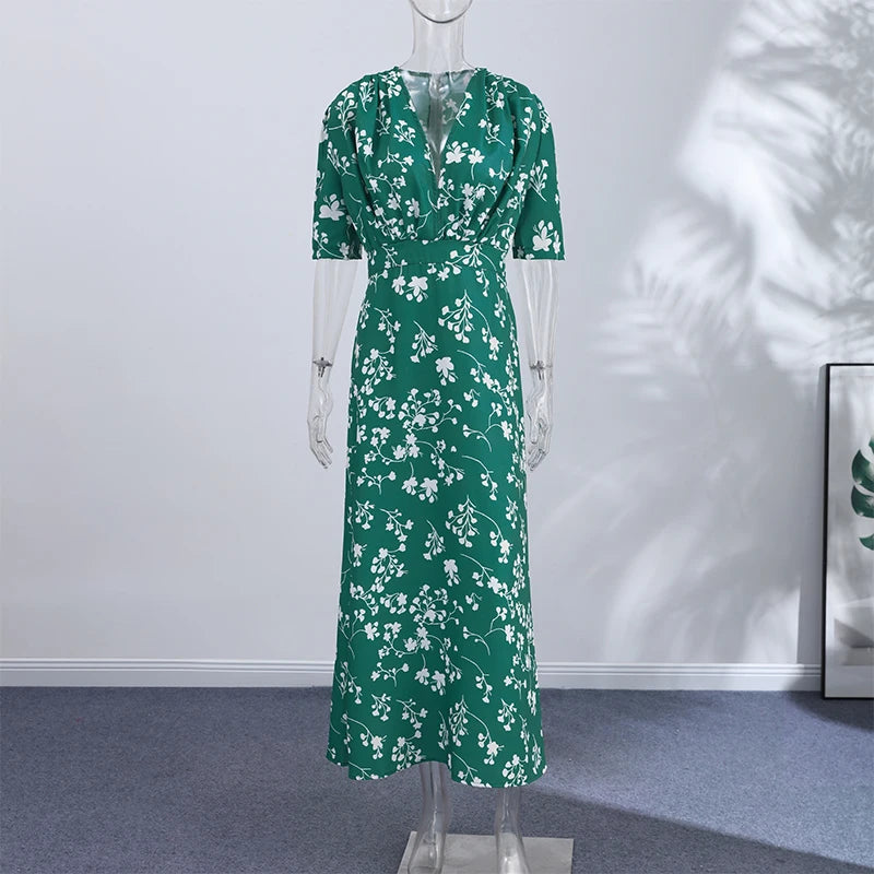 Slim Printed Waist-cinching Fishtail Dress 2026 Summer New Ladies Sexy V-neck Short Sleeve Split Long Robes Women's Party Gowns