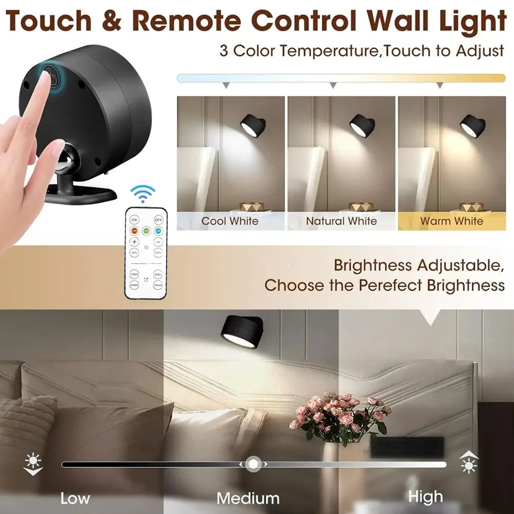 LED Wall Mounted Lights with Remote Wireless Magnetic Wall Sconces 3 Color Dimmable USB Rechargeable for Bedroom Bedside Light