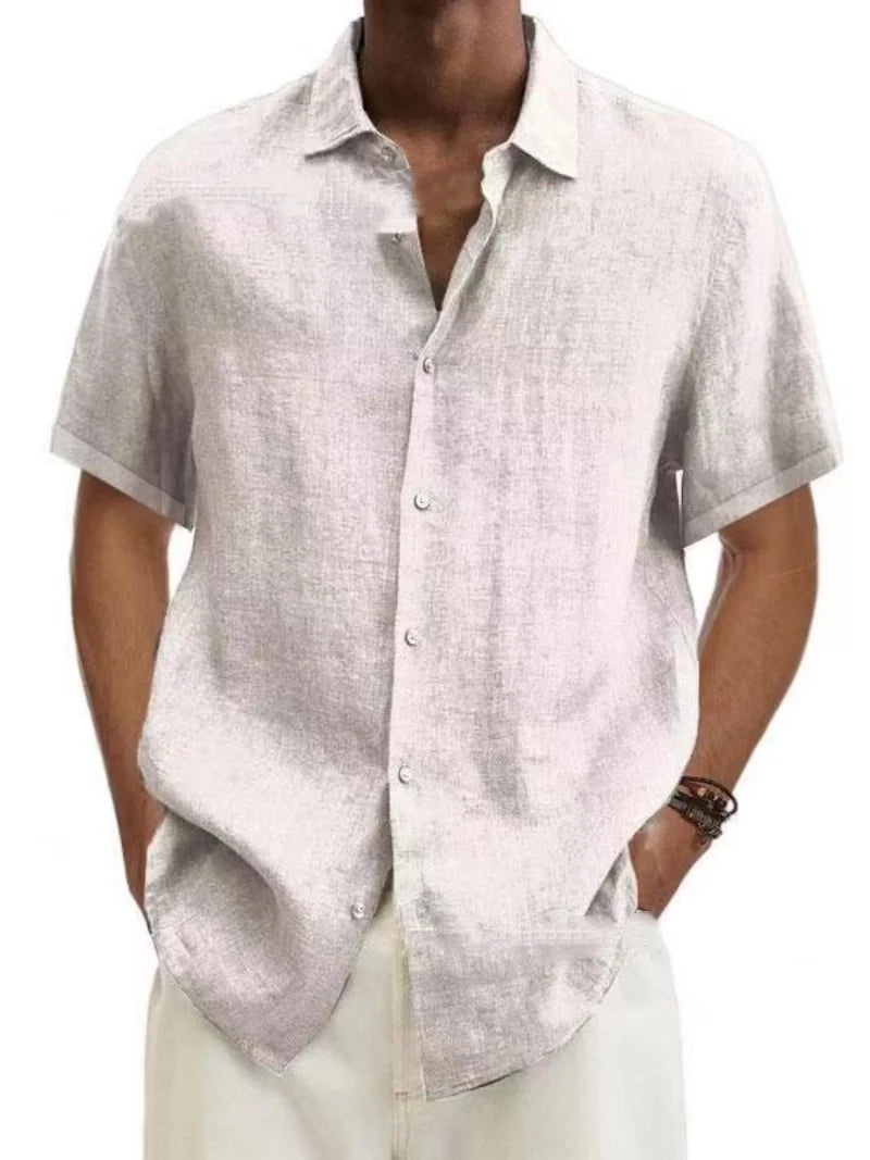 Men's Short Sleeve Linen Blend Shirt Casual Button Down Collar Lightweight Breathable Top