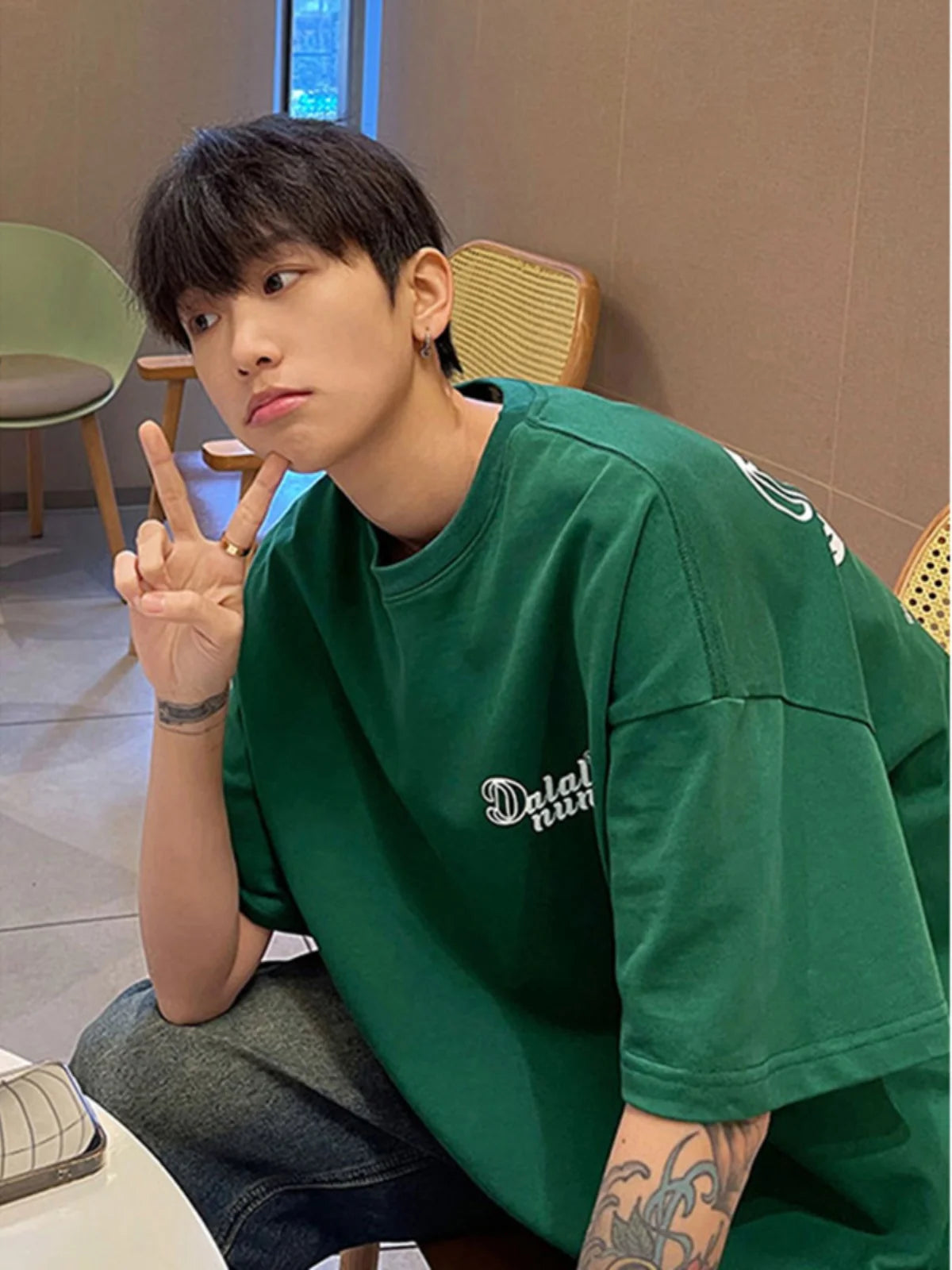 Forest Green Heavyweight Cotton American Style Men's T-shirt Short Sleeve Vibe High Street Seven Sleeve Summer T-shirt