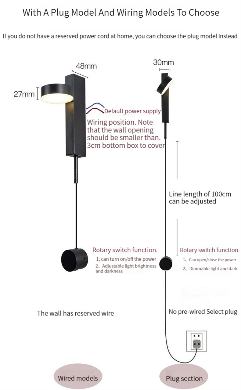 Nordic Modern LED wall lamp Gold Black Rotation Dimming Switch Wall Light With plug Fixture Bathroom Bedroom 360° Rotate Sconces