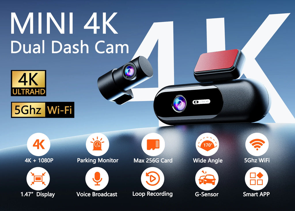 Dash Cam for Cars 4K UHD Recording Front Rear Car Camera HDR Night Vision Recorder Built in Wi-Fi 24H Parking Mode APP Monitor