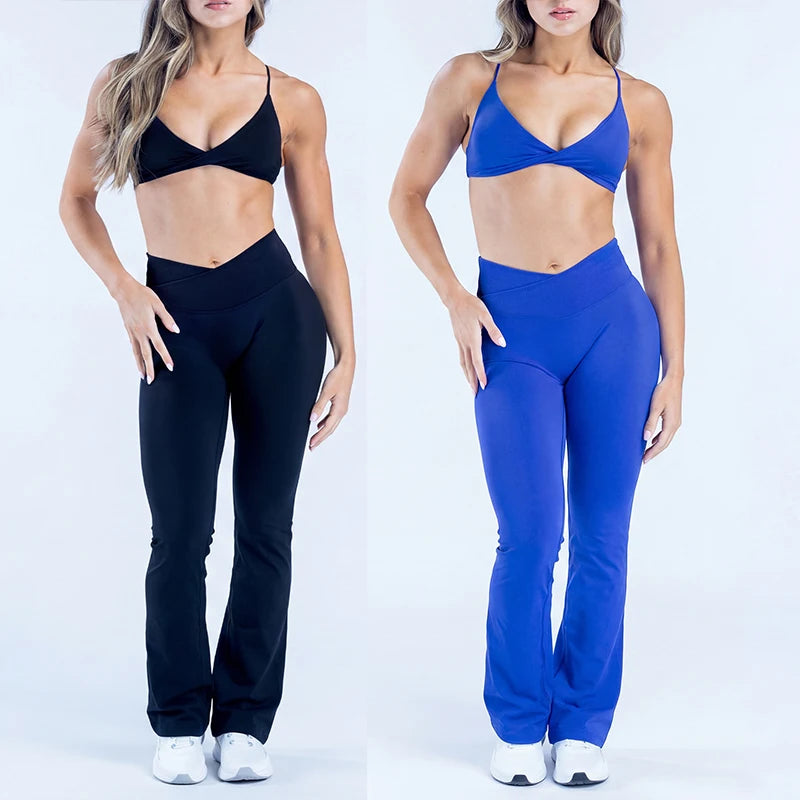 LOG0 Women Yoga Set Twist Front Sports Bra V Waist Flare Pants Seamless Gym Workout Fitness Activewear Sportswear 2 Piece Set