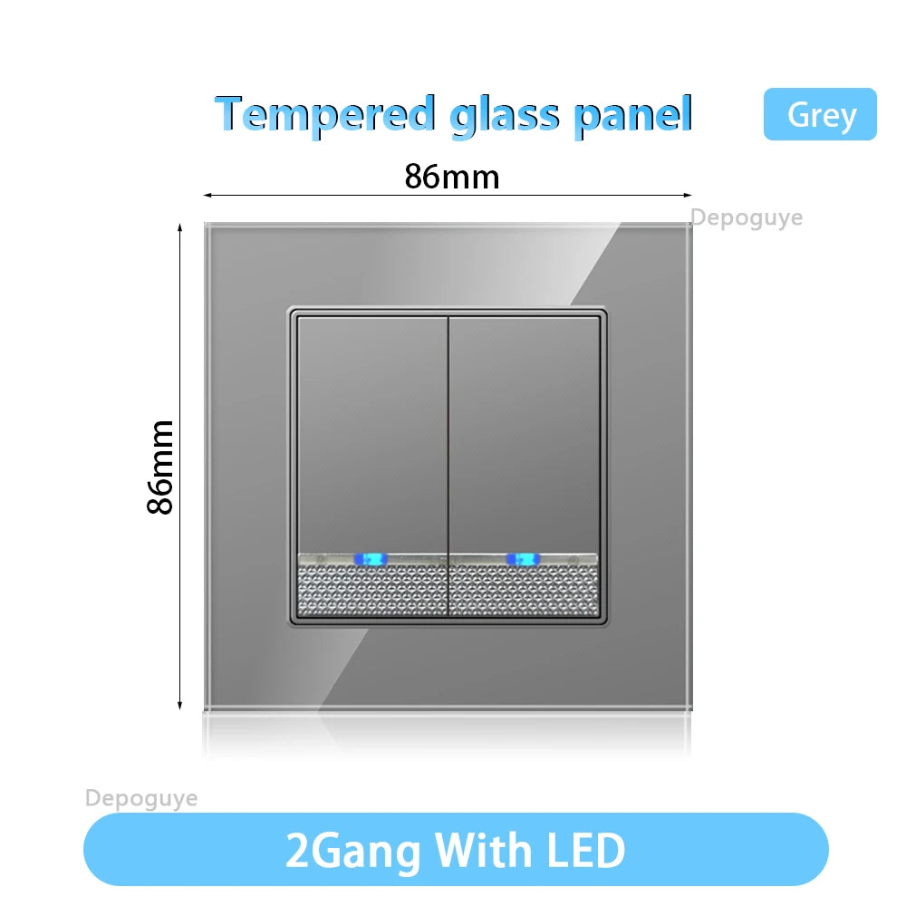 Tempered Glass Wall Switch With LED Indicator Light 1/2/3/4Gang 1/2Way EU UK Standard 16A 220V Light Switch Home Decoration